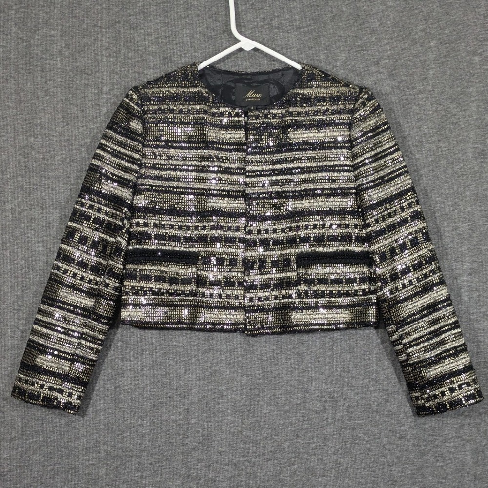 NWT Muse by Marchesa Sequin Cropped Jacket Black Gold Velvet Trim Evening Size 2